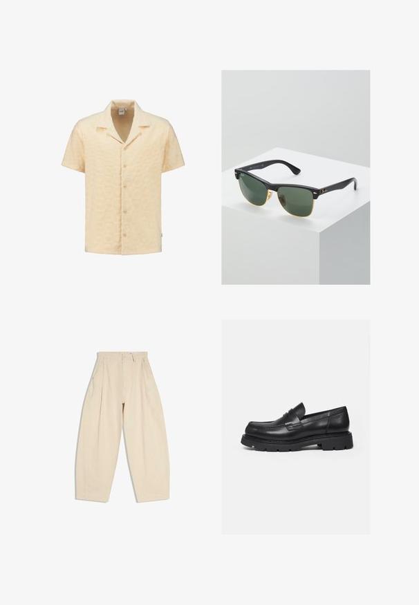 Kurzarmhemd aus strukturiertem, hellgelbem Stoff mit geometrischem Muster, mit eingekerbtem Kragen und fünf Knöpfen an der Vorderseite.; Beige Hoch taillierte Weite-Hose mit Falten, Seitentaschen, Gürtelschlaufen und Knopfverschluss am vorderen Bund.; Schwarzer Lederloafer mit dicker, profilierter Sohle und Pennyriemen-Detail, von der rechten Seitenansicht auf weißem Hintergrund gezeigt.; Ray-Ban Sonnenbrillen mit grünen Gläsern, schwarzen Kunststoffrahmen und goldenen Akzenten an den Rändern. Quadratische Form mit matter Oberfläche.