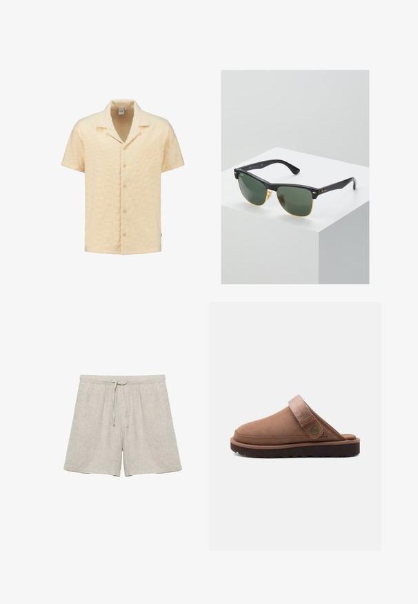 Kortærmet skjorte i struktureret lysegul stof med geometrisk mønster, klippet krave og fem forknapper.; Lyse beige hørshorts med elastisk linning og snor, lige ben, ingen synlige mærker eller mønstre.; Brun slip-on clog med justerbar stofrem og metalknap, med en tyk sort robust sål til udendørs brug.; Ray-Ban solbriller med grønne linser, sorte plastikstel og gyldne detaljer ved kanterne. Firkantet form med mat finish.
