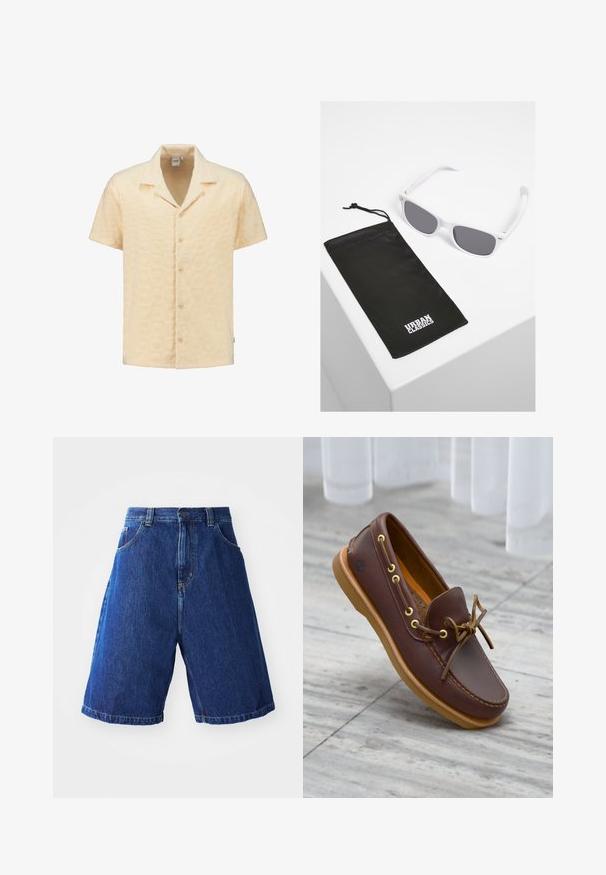 Kurzarmhemd aus strukturiertem, hellgelbem Stoff mit geometrischem Muster, mit eingekerbtem Kragen und fünf Knöpfen an der Vorderseite.; Jeansshorts mit blauer Waschung, hoher Taille, zwei Fronttaschen und gelben Nähten entlang der Nähte.; Brauner Leder-Bootsschuh mit goldfarbenen Ösen, einer vorn geschnürten Schnürung und einer hellbraunen Gummisohle. Strukturierte Oberfläche und Logo an der Seite.; Weiße Plastiksunglasses mit grauen Gläsern neben einem schwarzen Stoffbeutel mit einem weißen "URBAN CLASSICS"-Logo in fetter Schrift.