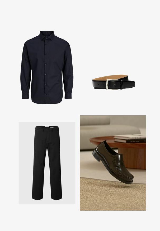 Chemise bleu marine à boutons, à manches longues, avec col standard, patte de boutonnage à l'avant, texture lisse et poignets à un bouton.; Pantalon noir droit avec fermeture par bouton et fermeture éclair, passants de ceinture et poches avant sur un fond uni.; Mocassin en cuir noir à enfiler flottant au-dessus d'un tapis beige tissé avec une table basse en bois et des livres en arrière-plan.; Ceinture en cuir noir avec boucle rectangulaire argentée, bords cousus visibles et multiples trous d'ajustement sur la doublure intérieure beige.
