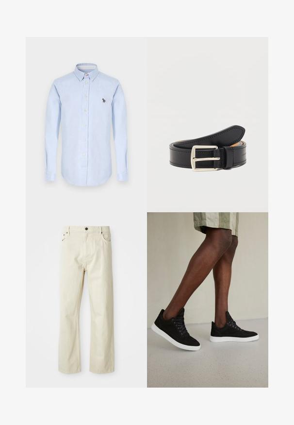 Hellblaues Hemd mit langen Ärmeln, Kragen, Vorderknöpfen und einem kleinen gestickten Zebra-Detail auf der Brust.; Beige Baumwolljeans mit geradem Bein, fünf Taschen, Knopfverschluss und sichtbaren Steppdetails. Glatte Textur mit einem lässigen Design.; Schwarze Wildledersneaker mit weißen Gummisohlen, runden Schnürsenkeln, niedrigem Design und glatter Textur.; Schwarzer Ledergürtel mit silberner rechteckiger Schnalle, zusammengerollt mit sichtbaren Nähten entlang der Kanten auf einem einfarbigen weißen Hintergrund.