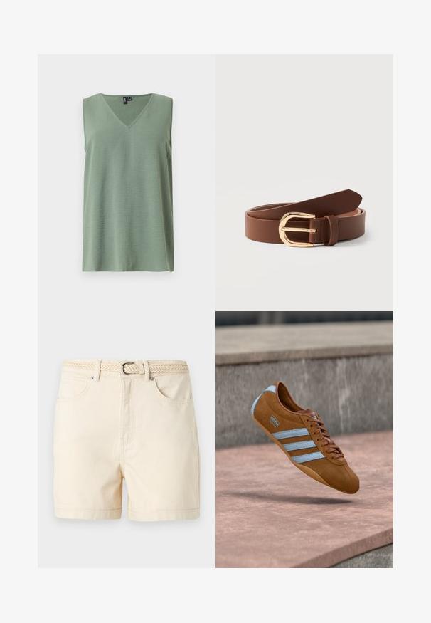 Haut sans manches vert sauge à col en V avec une coupe décontractée, confectionné dans un tissu texturé léger, présenté sur un fond clair uni.; Shorts en coton beige avec poches avant et ceinture tissée avec boucle argentée, présentés sur un fond uni.; Baskets en daim marron avec des rayures bleu clair, design à lacets et semelle en caoutchouc. Présentent un logo sur le côté avec une forme de bout arrondi.; Ceinture en cuir marron avec boucle dorée arrondie, roulée et posée sur une surface blanche.