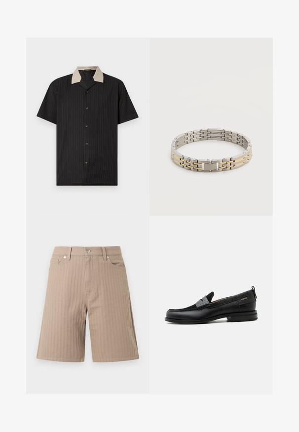 Kurzarmhemd in Schwarz mit vertikalen Streifen, ausgestattet mit einem beigen Kragen und Frontknöpfen. Hergestellt aus leichtem Stoff mit glatter Textur.; Beige Shorts aus strukturiertem Stoff mit vertikalen Streifen, einem Bund mit vorderer Knopfleiste und seitlichen Taschen.; Schwarzer Lederloafer mit grauem Riemendetail, niedrigem Absatz und strukturierter Sohle, seitlich mit „HUGO“ in Gold gebrandmarkt.; Armband aus silber- und goldfarbenen Metallgliedern mit einem rechteckigen Verschluss, auf dem auf weißem Hintergrund ein Markenname eingraviert ist.