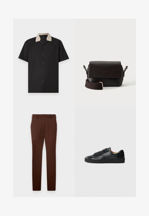 Chemise à manches courtes noire avec des rayures verticales, dotée d'un col beige et de boutons sur le devant. Fabriquée en tissu léger avec une texture lisse.; Pantalons ajustés marron avec passants de ceinture, devant plat et poches latérales, présentés sur un fond blanc.; Baskets en cuir noir avec une texture lisse, bout rond et fermeture à lacets. Comprend une semelle en caoutchouc épaisse et un minimum de détails de marque.; Sac bandoulière en cuir marron foncé avec fermeture à rabat et sangle en tissu réglable sur fond blanc.