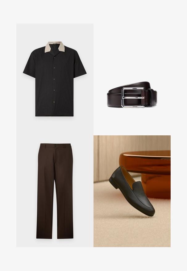 Camisa de manga corta en negro con rayas verticales, que presenta un collar beige y botones frontales. Está hecha de tejido ligero con una textura suave.; Pantalones marrones, ajustados, con un diseño de pierna recta, cierre de botón y textura de tela suave. Sin patrones ni acentos visibles.; Zapato tipo mocasín de cuero negro descansando sobre una alfombra beige con una mesa circular marrón brillante al fondo.; Cinturón de cuero marrón oscuro con una hebilla rectangular plateada brillante, que presenta una textura suave y un diseño minimalista.