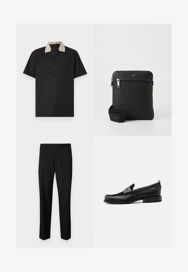 Kurzarmhemd in Schwarz mit vertikalen Streifen, ausgestattet mit einem beigen Kragen und Frontknöpfen. Hergestellt aus leichtem Stoff mit glatter Textur.; Schwarze maßgeschneiderte Hose mit flachem Frontschnitt, normaler Taille und geraden Beinen. Hergestellt aus glattem Material, mit einem einzelnen Knopfverschluss.; Schwarzer Lederloafer mit grauem Riemendetail, niedrigem Absatz und strukturierter Sohle, seitlich mit „HUGO“ in Gold gebrandmarkt.; Schwarze Leder-Umhängetasche mit flachem Design, strukturierter Oberfläche, Reißverschluss, Vordertasche und verstellbarem Stoffriemen.