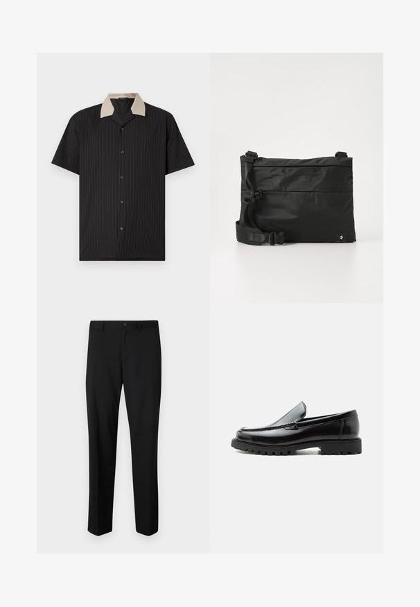 Camisa de manga corta en negro con rayas verticales, que presenta un collar beige y botones frontales. Está hecha de tejido ligero con una textura suave.; Pantalones de traje negros con frente plano, cintura estándar y piernas rectas. Hechos de una tela suave, con un cierre de botón único.; Mocasín de cuero negro con suela de goma gruesa, empeine cosido y nombre de la marca en relieve en el talón, mostrado en perfil lateral sobre fondo blanco.; Bolso mensajero de nylon negro con correa ajustable, diseño plano y una etiqueta lateral con un logo. Textura suave y estilo minimalista.