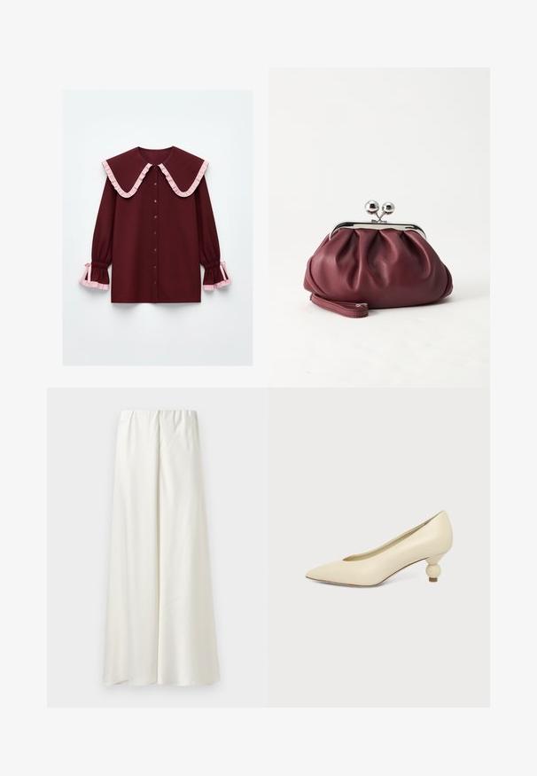 Blouse bordeaux avec un large col à volants, accents roses, patte de boutonnage à l'avant et manches froncées ornées de volants roses aux poignets.; Jupe blanche à jambes larges, fabriquée en tissu lisse avec une taille élastique ; présente des coutures minimales et aucun motif ou détail supplémentaire.; Chaussure femme couleur crème à bout pointu avec un petit talon rond en forme de boule, sur fond uni.; Petit sac pochette en cuir bordeaux avec fermoir métallique argenté et bracelet sur fond blanc.