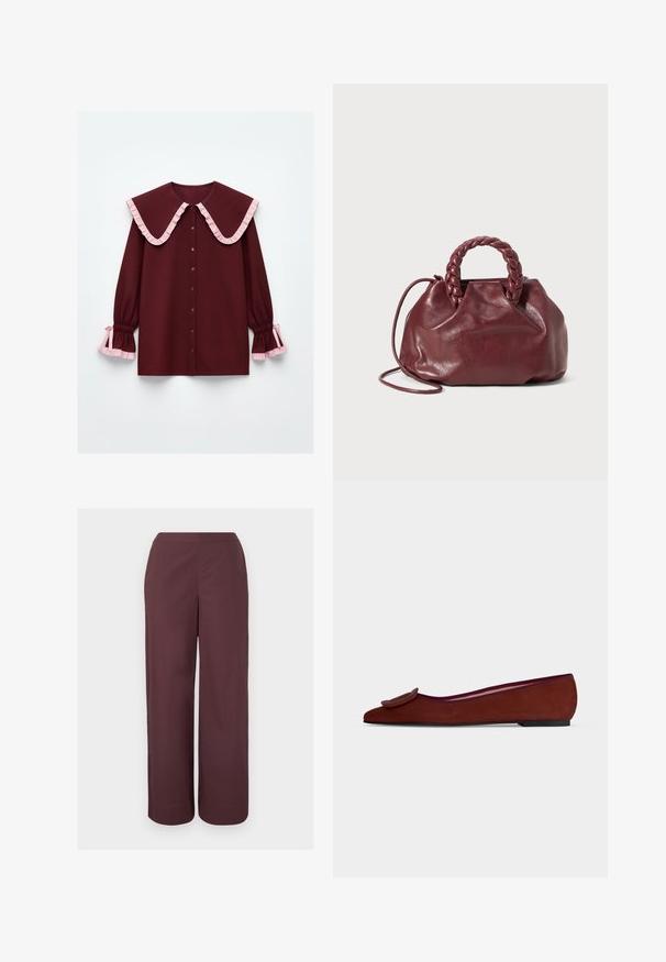 Blouse bordeaux avec un large col à volants, accents roses, patte de boutonnage à l'avant et manches froncées ornées de volants roses aux poignets.; Pantalon marron taille haute à jambes larges avec un devant lisse et des poches latérales, présenté sur un fond clair uni.; Chaussure plate en daim marron pour femme avec bout pointu et grande boucle décorative sur le dessus sur fond uni.; Sac à main en cuir bordeaux avec une anse tressée, texture douce et forme arrondie. Dispose d'une bandoulière amovible pour plus de polyvalence.