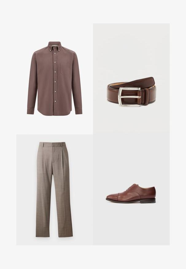 Chemise à manches longues marron avec col boutonné, poche avant et fermeture à boutons. Texture lisse, coupe ajustée et couleur unie.; Pantalons droits marron sur mesure avec passants de ceinture et plis avant, présentés sur fond blanc.; Chaussure de ville Oxford en cuir brun avec bout amovible, lacets fermés et petit talon empilé sur fond blanc.; Ceinture en cuir marron lisse enroulée avec boucle rectangulaire argentée gravée "Tiger of Sweden" sur fond neutre.