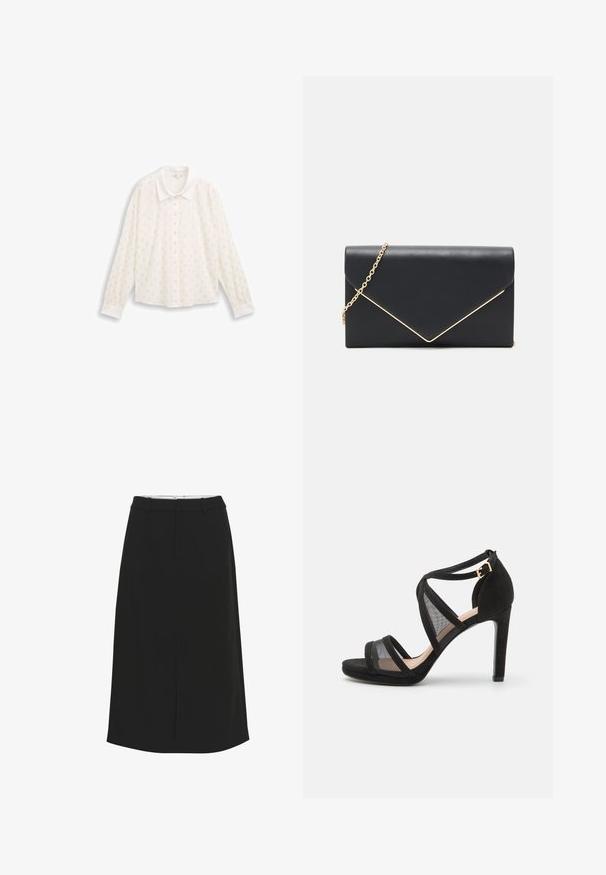 Blouse blanche à manches longues, avec un col, au fit court, ornée de motifs en pois métalliques sur l'ensemble du tissu.; Jupe midi noire avec une silhouette droite, fabriquée en tissu lisse. Dispose d'une taille élastique et de poches latérales, sans motifs ni embellissements visibles.; Sandale noire à talons hauts, avec une combinaison de daim doux et de panneaux en maille, dotée de brides croisées et d'une boucle à la cheville.; Pochette en simili cuir noir avec une chaîne dorée. Présente un design d'enveloppe structuré avec un accent doré en diagonale le long de la fermeture.