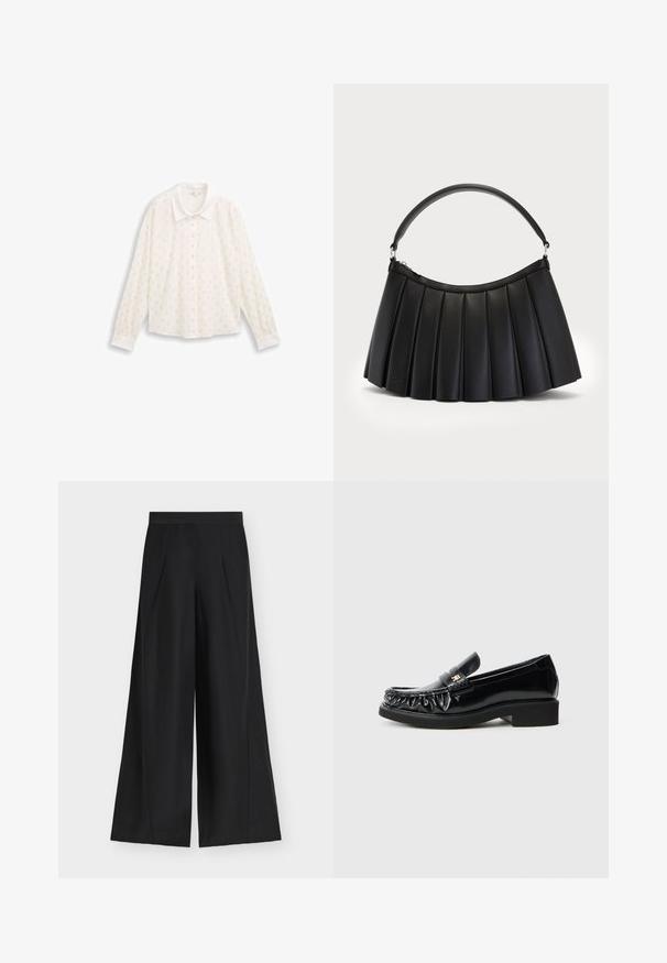 Blouse blanche à manches longues, avec un col, au fit court, ornée de motifs en pois métalliques sur l'ensemble du tissu.; Pantalon noir à jambes larges, taille haute et plis à l'avant, présenté à plat sur un fond clair.; Mocassins en cuir verni noir avec un bord froncé décoratif, semelle en caoutchouc plate et un petit logo métallique sur la sangle.; Sac noir plissé en simili cuir, avec une anse incurvée et une fermeture éclair sur le dessus. Texture lisse avec un design structuré.
