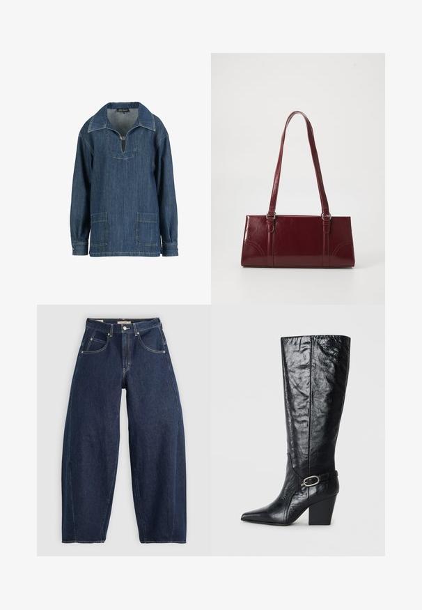 Pull bleu en denim à manches longues avec col large, ouverture en V boutonnée, poches avant cousues, et poignets boutonnés.; Jean en denim bleu foncé, à coupe ample, avec des coutures claires, cinq poches et un bouton de fermeture à la taille.; Bottes noires montantes en cuir brillant, avec un bout pointu, une forme structurée, et une sangle décorative avec une boucle en argent.; Sac à main bordeaux en matériau brillant, de forme rectangulaire, avec deux anses et des accents légèrement courbés à l'avant.