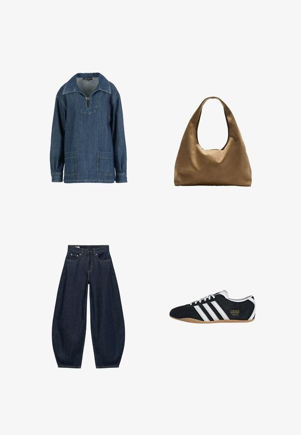 Pull bleu en denim à manches longues avec col large, ouverture en V boutonnée, poches avant cousues, et poignets boutonnés.; Jean en denim bleu foncé à jambes larges avec poches avant, passants de ceinture et fermeture par bouton à la taille.; Sneakers en suede noir avec trois bandes blanches, logo doré et semelle en caoutchouc marron. Présente un design à lacets à profil bas.; Sac à épaule en tissu marron avec un corps large et arrondi et une grande poignée découpée. Texture douce, design minimaliste et aucun matériel visible.