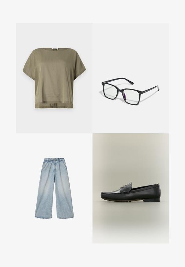 Top verde oliva de manga corta hecho de una tela ligera, con un corte holgado y un dobladillo recto. Diseño minimalista con cuello redondo.; Vaqueros de mezclilla azul claro de pierna ancha con talle alto, pliegues delanteros, bolsillos delanteros, trabillas para cinturón y cierre de botón.; Mocasín de cuero negro con costuras estilo mocasín, tacón bajo y detalle metálico dorado en la correa, mostrado de perfil sobre fondo beige.; Gafas rectangulares negras con lentes transparentes, que presentan acentos dorados en la montura y un ligero tinte púrpura en uno de los lentes.