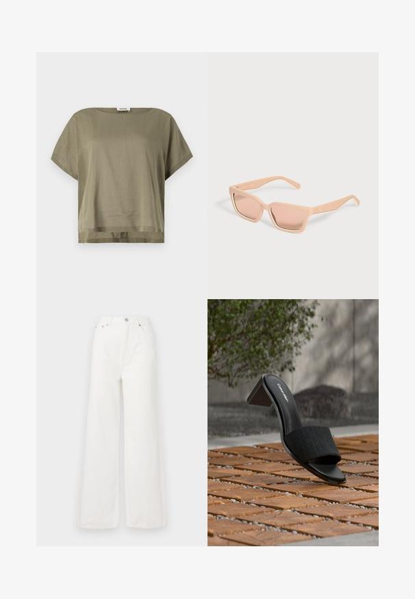 Top verde oliva de manga corta hecho de una tela ligera, con un corte holgado y un dobladillo recto. Diseño minimalista con cuello redondo.; Jeans de mezclilla de cintura alta y pierna ancha en color blanco. Cuenta con bolsillos delanteros, un cierre de botón y detalles de dobladillo deshilachado.; Mule negra de Calvin Klein con punta abierta y tacón grueso sobre suelo de baldosas de madera, en un entorno exterior con vegetación desenfocada y fondo de hormigón.; Gafas de sol rectangulares color melocotón claro con montura gruesa y lentes tintadas a juego sobre un fondo claro y liso.