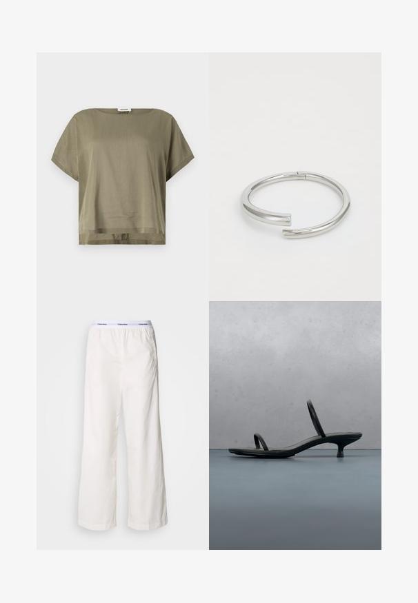 Haut court olive en vert, fabriqué en tissu léger, présentant une coupe ample et un ourlet droit. Design minimaliste avec un col rond.; Pantalons larges blancs avec une taille élastique arborant un logo Calvin Klein en contraste. Fabriqués à partir d'un tissu lisse, ils offrent une coupe décontractée.; Sandale à talon Calvin Klein noire avec des lanières fines, posée sur des carreaux en bois en plein air près d'un mur et de la verdure.; Calvin Klein SPIRAL - Bracelet - silver-coloured