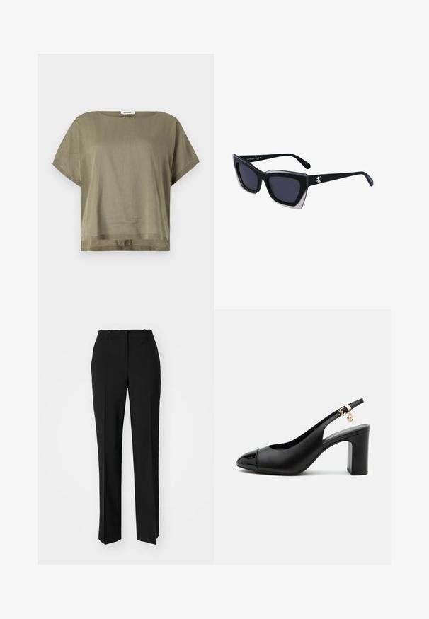 Haut court olive en vert, fabriqué en tissu léger, présentant une coupe ample et un ourlet droit. Design minimaliste avec un col rond.; Pantalon noir ajusté avec une coupe droite, présentant une texture lisse et des plis nets sur le devant. Aucune quincaillerie visible.; Escarpin slingback en cuir noir avec talon bloc, bout pointu verni, bride réglable à boucle et petit détail de charme doré.; Lunettes de soleil noires surdimensionnées avec une forme géométrique, dotées de verres foncés et d'un détail gris contrastant sur la monture. Logo sur la branche.