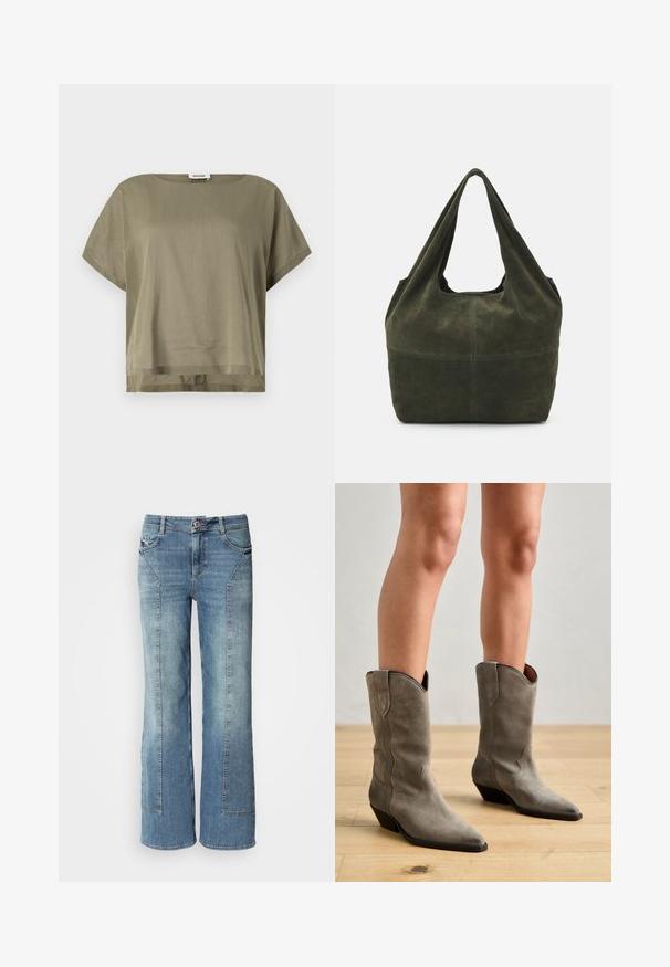 Haut court olive en vert, fabriqué en tissu léger, présentant une coupe ample et un ourlet droit. Design minimaliste avec un col rond.; Jean large en denim bleu clair avec un délavage, comprenant cinq poches, des coutures contrastées et une fermeture à bouton au niveau de la taille.; Pavement NIKKI - Bottes de cowboy / motard - khaki; Sac fourre-tout en daim vert foncé au design décontracté, avec de larges poignées douces et une texture lisse. Construction minimaliste sans éléments métalliques visibles.