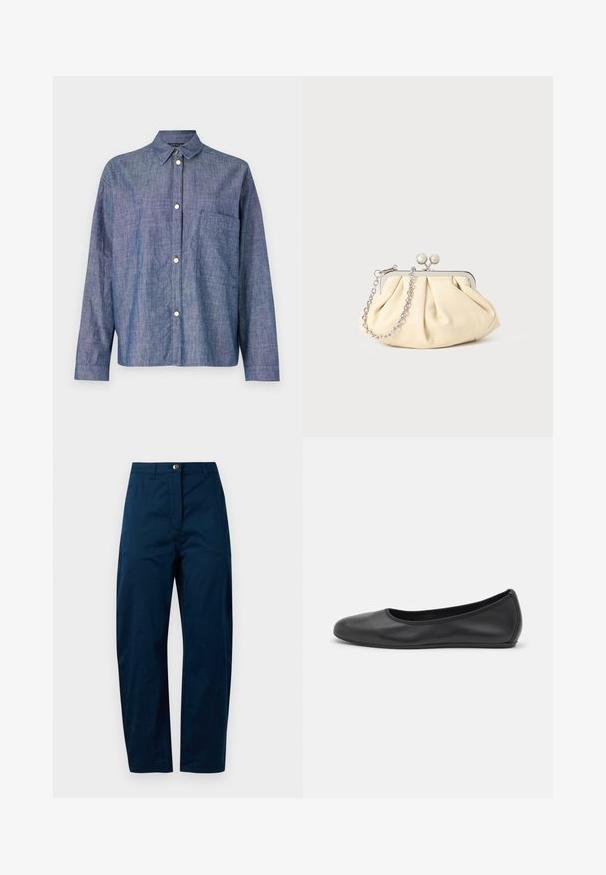 Denim särk, helesinine, nööbidetailiga disain, pikad varrukad, üks rindkere tasku, sile tekstuur, hõbedased nööbid.; Tumed sinised püksid sirge jala lõikega, esiseotud nööbiga, kahe küljetaskuga ja sujuva, tekstuurse kangassiiliga.; Musthave mustika tantsutossud mustast nahast, ümmarguse varbaga, siledast tekstuurist, minimaalse õmblusdetailiga ja paindliku tallakujundusega.; Kortsus beežist nahast kotike, millel on hõbedane metallraam, kaunistatud kahe ümmarguse dekoratiivse lukuga ja hõbedase ketispideme.