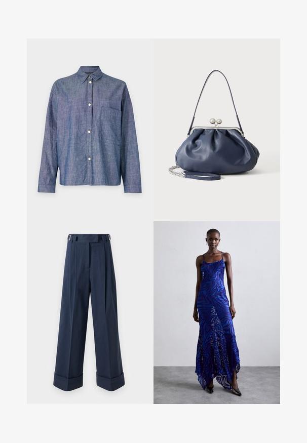 Denim särk, helesinine, nööbidetailiga disain, pikad varrukad, üks rindkere tasku, sile tekstuur, hõbedased nööbid.; Tumed bluud laiad püksid, mis on valmistatud siledast kangast, kõrge vöökoht suuõhu hõbedaste detailide ja mansettidega.; Sinine ja lilla loomade mustriga maksikleit õhukeste rihmadega, keha lähedane pealisosa, laienev allosa ja poolläbipaistev overlays detail.; Pehme tumesinine nahast käekott hõbedase klambriga, ühe õlarihmaga ja eemaldatava ketiga randmerihmaga valgel taustal.