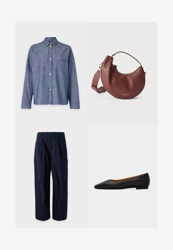 Jeanshemd, hellblau, mit Knopfverschluss, lange Ärmel, eine einzelne Brusttasche, glatte Textur, silberne Knopfdetails.; Dunkelblaue Cargo-Hose mit weitem Bein, Gürtelschlaufen, Frontverschluss, Seitentaschen und zwei großen Oberschenkeltaschen, vor schlichtem Hintergrund präsentiert.; Schwarzer flacher Schuh aus Leder mit spitz zulaufender Vorderkappe, niedrigem Absatz und glatter Oberfläche, von der Seite vor einem hellgrauen Hintergrund dargestellt.; Braune Lederhandtasche in Halbmondform mit goldenem Reißverschluss und verstellbarem Schulterriemen vor weißem Hintergrund.