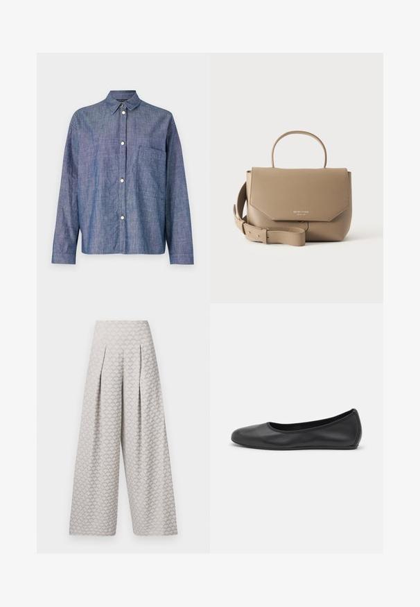 Jeanshemd, hellblau, mit Knopfverschluss, lange Ärmel, eine einzelne Brusttasche, glatte Textur, silberne Knopfdetails.; Hellgraue weit geschnittene Hose mit einem strukturierten Muster, das kleinen Dreiecken ähnelt, mit hoher Taille und Falten für zusätzliche Struktur.; Schwarze Leder-Ballettschuhe mit abgerundeter Spitze, glatter Textur, minimalen Nähdetails und einem flexiblen Sohlen-Design.; Beige strukturierte Handtasche mit Tragegriff oben und verstellbarem Schulterriemen, mit geprägt geschriebenem Markennamen auf der vorderen Klappe, aus strukturiertem Leder.