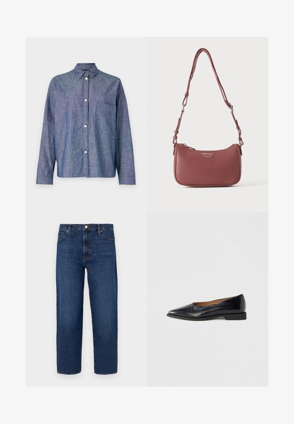 Denim särk, helesinine, nööbidetailiga disain, pikad varrukad, üks rindkere tasku, sile tekstuur, hõbedased nööbid.; Tumed sinised teksad, lõdva lõikega, sirgete jalgadega, viie-taskuga kujundus, esine nööpkinni ja peened õmbluse detailid.; Mustast nahast madala kontsaga korterjalanõu, millel on terav nina ja madal ruudukujuline konts. Sile pind, minimalistlik disain, ilma nähtava traadi või mustrita.; Väike tekstuuriga lilla nahast õlakott, millel on reguleeritav rihm ja hõbedane tõmblukk, esiküljel Emporio Armani Milano 1981 logo.