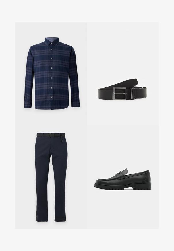Chemise à manches longues à carreaux bleu marine avec un devant boutonné et un col pointu, présentée sur fond blanc.; Pantalon bleu marine à coupe droite, réalisé en tissu durable. Doté d'une ceinture noire et d'un design simple sans motifs.; Mocassins en cuir noir à bout arrondi, avec un design cousu, une semelle plateforme basse et une semelle en caoutchouc texturée et crantée.; Ceinture en cuir noir avec une boucle en métal argenté rectangulaire, au design plat et à la texture lisse. Les extrémités s'effilent pour un enfilage facile.