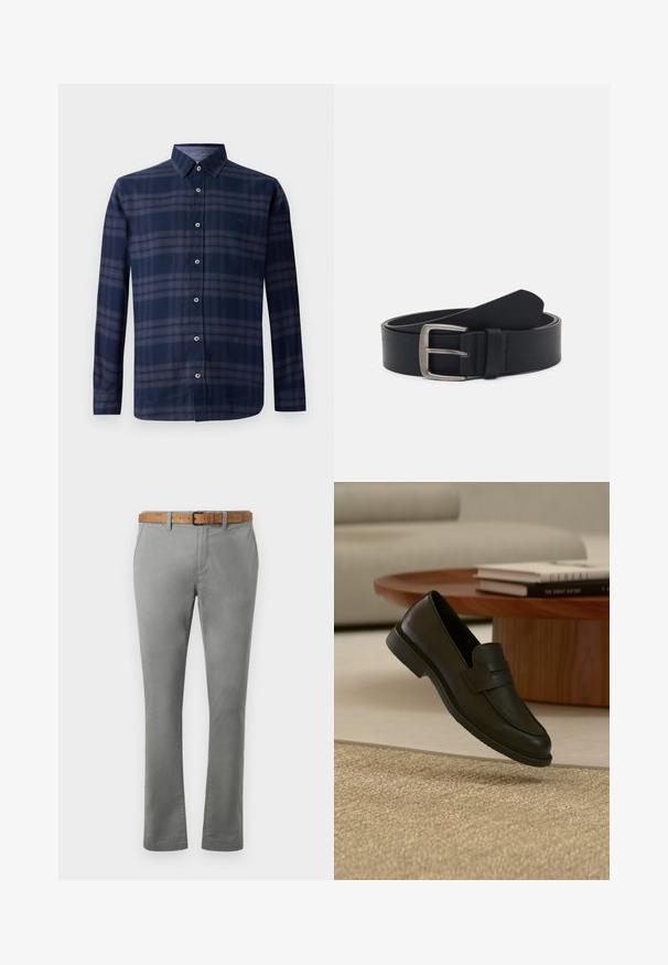 Chemise à manches longues à carreaux bleu marine avec un devant boutonné et un col pointu, présentée sur fond blanc.; Chino en coton gris à coupe droite, avec des poches avant inclinées et une ceinture en cuir marron. Texture lisse avec un minimum de détails.; Chaussure mocassin en cuir noir présentée en suspension au-dessus d'un tapis beige tissé, avec une table en bois et des livres empilés dans un salon doucement éclairé.; Ceinture en cuir noir avec une boucle en métal argenté, présentant une finition lisse et un design classique. La ceinture est enroulée avec l'extrémité pointée.