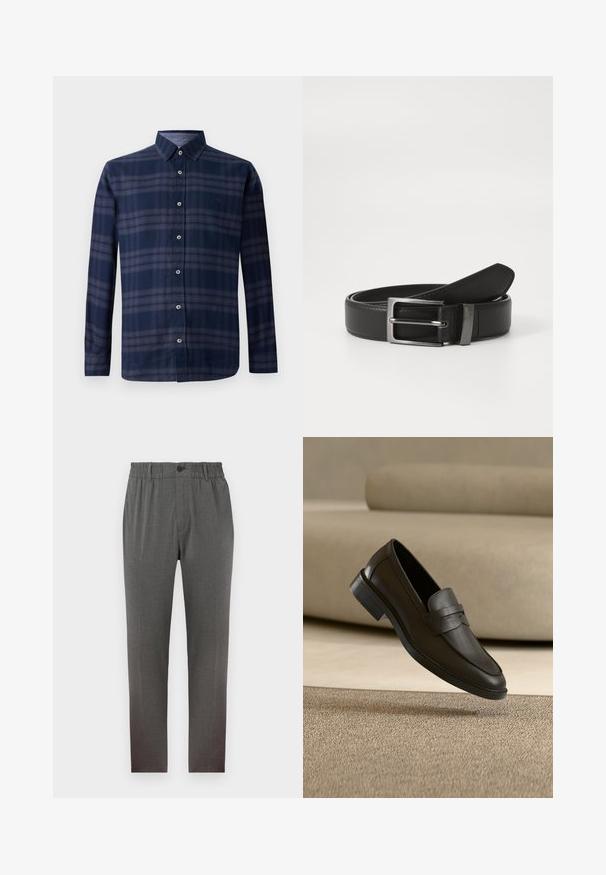 Chemise à manches longues à carreaux bleu marine avec un devant boutonné et un col pointu, présentée sur fond blanc.; Pantalons gris au design ajusté, dotés d'une taille élastique, d'une fermeture à bouton et de jambes droites; fabriqués en tissu doux et texturé.; Chaussure loafer en cuir noir reposant sur un tapis beige avec un canapé beige courbé en arrière-plan.; Ceinture en cuir noir avec une boucle en métal argenté, présentant une finition lisse et un design classique. La ceinture est soigneusement pliée.