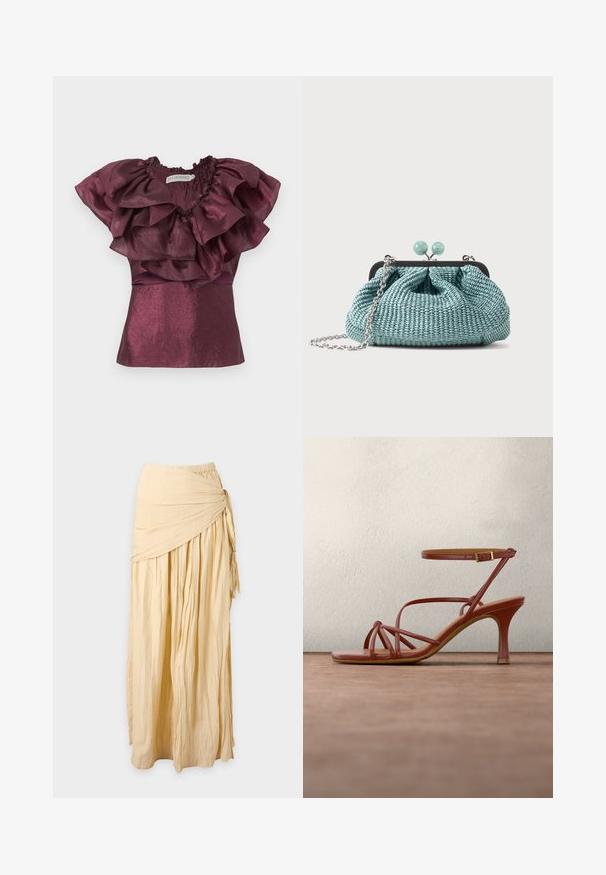 Blouse violette à manches courtes avec col à volants superposés et tissu texturé brillant, marque Ida Sjöstedt.; Longue jupe beige avec tissu froncé et détail de nœud torsadé sur le côté droit, présentée sur un fond uni.; Sandale à talons hauts marron avec lanières et boucle à la cheville, flottant au-dessus d'un sol en béton gris et d'un arrière-plan en verre flou.; Petit sac pochette tissé bleu clair avec une chaîne argentée et une fermeture à boucle ronde sur le dessus.