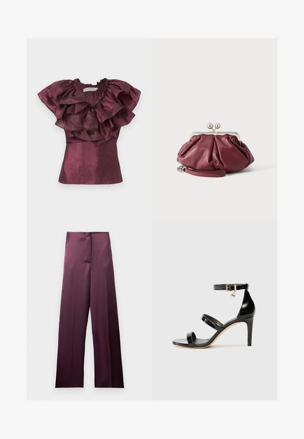 Blouse violette à manches courtes avec col à volants superposés et tissu texturé brillant, marque Ida Sjöstedt.; Pantalon taille haute, jambe large, de couleur bordeaux profond avec une finition lisse et une fermeture avant cachée, présenté à plat sur un fond blanc.; Sandale en cuir verni noir avec trois brides, boucle de cheville et talon aiguille de 10 cm. Présente un détail en métal doré et un charm logo.; Petite pochette en cuir bordeaux avec fermoir en métal argenté et bracelet pour poignet sur fond blanc.