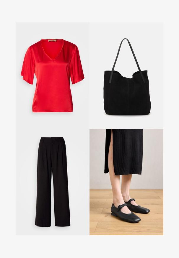 Top de satén rojo con escote en V y mangas cortas, ligeramente acampanadas. La tela tiene una textura suave y un acabado brillante.; Pantalones de pierna ancha negros, confeccionados en una tela suave, con pliegues en la parte frontal, una cinturilla ajustada y sin patrones o acentos visibles.; Bailarinas negras de charol con un pequeño tacón, que presentan una punta redondeada y un detalle de hebilla lateral. El diseño texturizado realza su atractivo visual.; Bolso de mano de ante negro con dos correas de cuero largas y planas. Presenta un borde superior curvado y costuras visibles en la parte frontal. Sin acentos de metal.