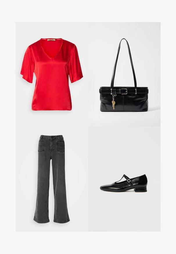 Top de satén rojo con escote en V y mangas cortas, ligeramente acampanadas. La tela tiene una textura suave y un acabado brillante.; Jeans negros de tiro alto y pierna ancha, hechos de denim, con cierre de botones, presillas para cinturón y dos bolsillos traseros con detalles de costura.; Zapatos Mary Jane de cuero negro con punta puntiaguda, tacón pequeño de bloque y correa ajustable con hebilla plateada. Textura lisa y brillante.; Osoi SHOULDER BROCLE - Bolso de mano - stone black