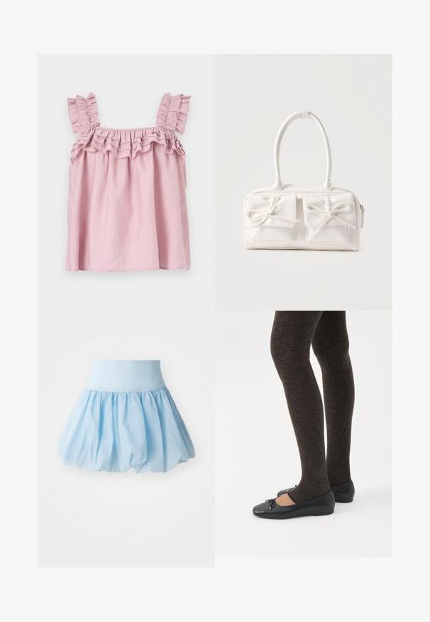 Top sans manches rose avec des bretelles à volants et un décolleté froncé. Fabriqué en tissu léger, avec une coupe ample et fluide.; Jupe bouffante bleu clair avec une large ceinture élastique. Fabriquée en tissu doux et léger avec un design fluide et froncé.; Jambes portant des leggings côtelés foncés associés à des ballerines noires avec de petits détails en nœud sur fond blanc.; Sac à main synthétique blanc avec deux poches avant, chacune ornée d'un nœud noué. Texture lisse, anses arrondies et fermeture zippée.