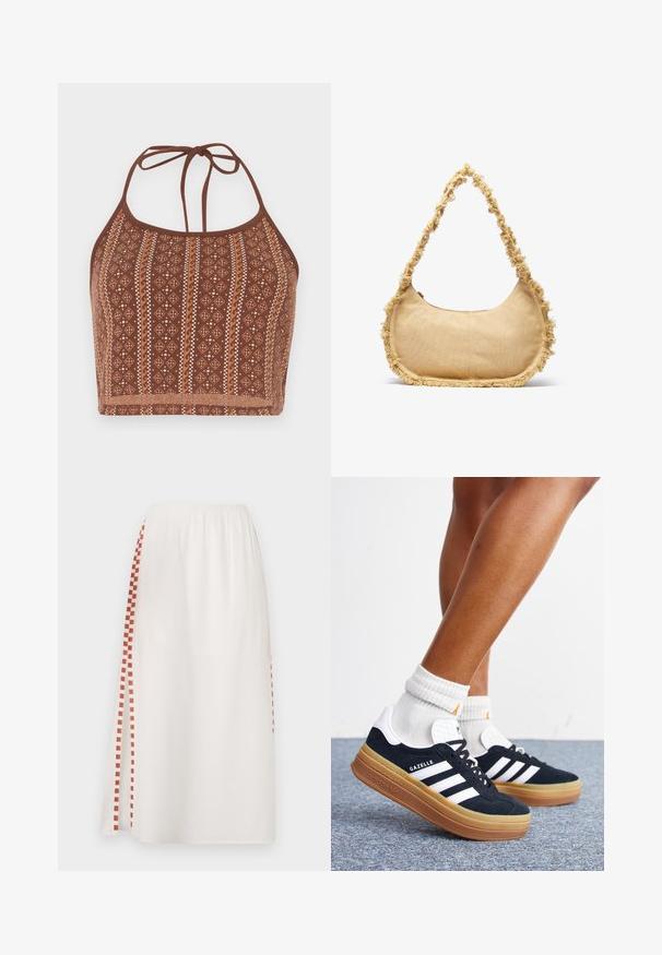 Top crop halter à motifs marron, présentant des designs géométriques avec des accents blanc cassé, des liens au cou ajustables et une finition douce et texturée.; Jupe blanche avec une taille élastique, ornée d'un motif à carreaux rouges sur un côté. Tissu léger avec une texture lisse.; Jambes portant des chaussettes blanches et des baskets Adidas Gazelle noires avec des bandes blanches et des semelles épaisses marron sur un sol recouvert de moquette grise.; Sac beige texturé de forme arrondie, avec un bord effiloché tout le long des bords et une courte sangle pour le porter. Ouverture zippée en haut.