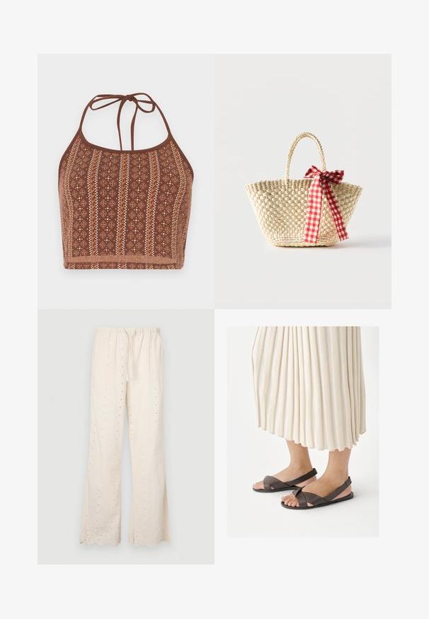 Top crop halter à motifs marron, présentant des designs géométriques avec des accents blanc cassé, des liens au cou ajustables et une finition douce et texturée.; Pantalons de couleur crème, amples, avec une taille élastique, un cordon de serrage et des détails en œillets le long du tissu et de l'ourlet. Bords en dents de scie.; Pieds portant des sandales marron foncé à bride arrière avec des bretelles croisées, assorties à une longue jupe plissée de couleur crème.; Sac cabas en paille tissée avec des poignées tressées et un ruban à carreaux rouge et blanc noué en un nœud d'un côté.
