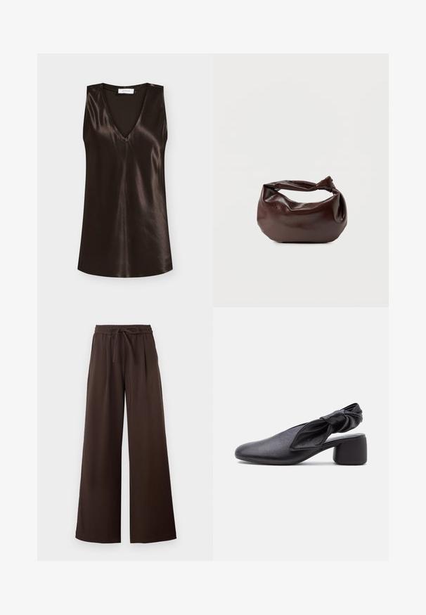 Haut sans manches en satin brun foncé avec encolure en V et ourlet droit, présentant une texture lisse et brillante, affiché sur un fond clair uni.; Pantalon marron foncé à jambes larges, taille élastique et lien de serrage devant, présenté à plat sur fond blanc.; Chaussure slingback en cuir noir avec bout arrondi, détail de bride nouée et petit talon carré sur fond blanc.; Sac bandoulière en cuir marron foncé avec une forme souple et décontractée et une anse nouée torsadée sur un fond blanc uni.