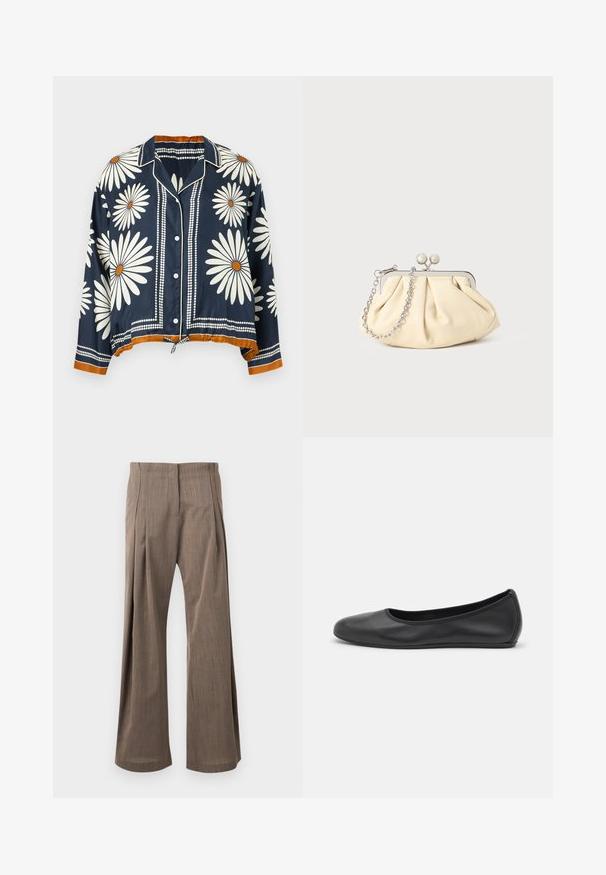 Chemise bleu marine à manches longues avec imprimé floral de marguerites blanches, centres orange, boutons blancs et bordure orange aux poignets et à l'ourlet.; Pantalon marron taille haute, coupe large, avec plis à l'avant et fermeture avant dissimulée, présenté sur un fond clair.; Ballerines en cuir noir avec un bout rond, texture lisse, détails de couture minimalistes et design de semelle flexible.; Pochette en cuir beige plissé avec un cadre en métal argenté, dotée de deux fermoirs ronds décoratifs et d'une chaîne en argent.