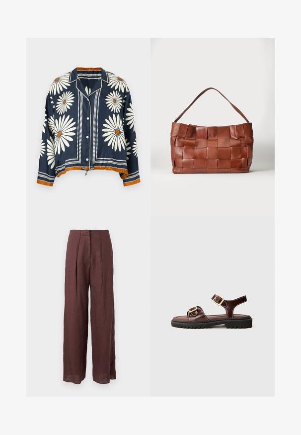 Chemise bleu marine à manches longues avec imprimé floral de marguerites blanches, centres orange, boutons blancs et bordure orange aux poignets et à l'ourlet.; Pantalon large taille haute marron foncé avec plis sur le devant et taille structurée, fabriqué en tissu léger.; Sandale en cuir marron avec deux boucles, semelle plate et semelle extérieure noire texturée. Comprend des accents cousus et un design ouvert.; Sac à main en cuir marron avec de larges lanières tissées et une seule bandoulière sur un fond clair uni.