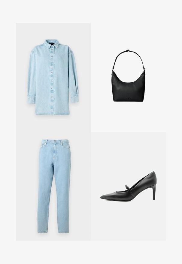 Lyseblå denimskjorte med knaplukning foran, lange ærmer og klassisk krave. Har en let løs pasform og subtil tekstur.; Lyseblå denimjeans med lige ben, femlommers design og knaplukning. Har subtilt slid og en glat tekstur.; Sort læderspids højhælede sko med tynd rem og spænde over vristen, stående på en neutral lys baggrund.; Sort tekstureret læder skuldertaske med en enkelt rem og et lille Calvin Klein-logo foran i midten.