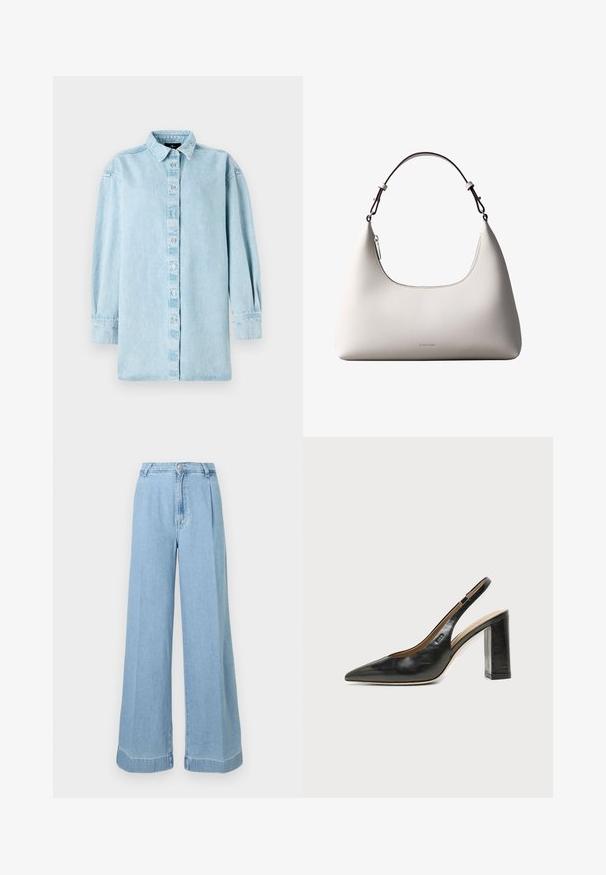 Helle blaue Denim-Hemd mit knöpfbarem Vorderteil, langen Ärmeln und klassischem Kragen. Verfügt über einen leicht lässigen Schnitt und subtile Textur.; Helle blaue Jeans im weit geschnittenen Schnitt mit hoher Taille, Falten an der Vorderseite und einem rohen Saum für einen lässigen Look.; Schwarzer Leder-Slingback-Schuh mit spitzer Kappe, hohem Blockabsatz und beigegefüttertem Innenraum vor hellem, einfarbigem Hintergrund.; Cremefarbene Calvin Klein Lederschultertasche mit gebogener Oberkante, silbernem Reißverschluss und dunkelbraunem verstellbarem Riemen.