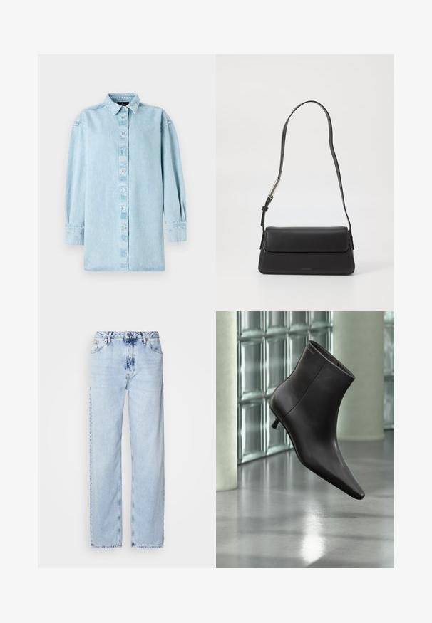 Camisa de mezclilla azul claro con frente de botones, mangas largas y cuello clásico. Presenta un ajuste ligeramente holgado y una textura sutil.; Jeans de pierna ancha en azul claro, confeccionados en denim, con una cintura alta, un lavado desgastado y un sutil patrón de tie-dye en la parte delantera.; Bota de cuero negro para el tobillo con puntera puntiaguda y tacón pequeño, exhibida frente a una pared de bloques de vidrio y un suelo pulido.; Bolso de mano de cuero negro con forma rectangular y solapa plegable. Presenta una correa delgada y una marca mínima en la parte delantera.