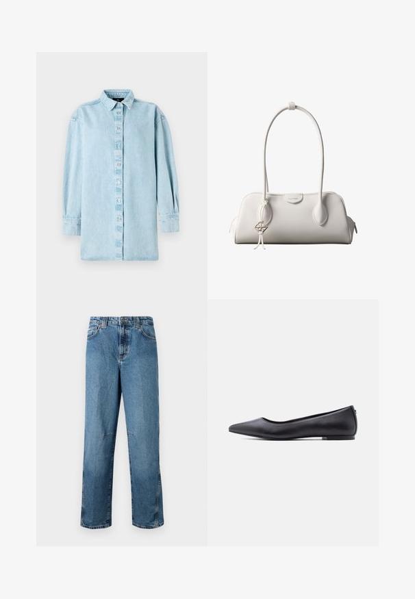 Helle blaue Denim-Hemd mit knöpfbarem Vorderteil, langen Ärmeln und klassischem Kragen. Verfügt über einen leicht lässigen Schnitt und subtile Textur.; Hellblaue Jeans aus Denim mit geradem Schnitt, ausgestattet mit gestickten Taschen, einem Knopfverschluss vorne und minimaler Ausbleichung des Materials.; Schwarzer flacher Lederschuh mit spitzer Kappe und niedrigem Absatz, seitlich vor weißem Hintergrund gezeigt.; Weiße Calvin Klein Schultertasche mit langen Griffen, rechteckiger Form, Reißverschluss und dekorativem Logo-Anhänger, der in der Nähe des Griffs hängt.