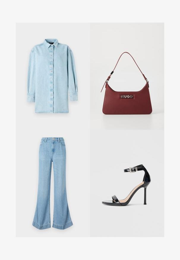 Camisa de mezclilla azul claro con frente de botones, mangas largas y cuello clásico. Presenta un ajuste ligeramente holgado y una textura sutil.; Jeans de denim de pierna ancha color azul claro, de cintura alta con cierre de botones, que presentan un acabado limpio y un dobladillo acampanado con aberturas laterales.; Sandalia de tacón alto en piel sintética negra con correa en el tobillo. Presenta un diseño minimalista, punta abierta y una hebilla con detalles de pedrería.; Pequeño bolso rectangular de cuero burdeos con correa ajustable y placa de logotipo plateada "HUGO" en la parte frontal.