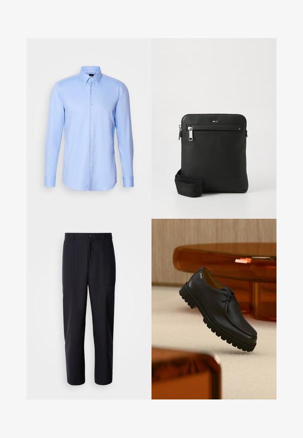 Chemise à manches longues bleu clair, boutonnée, en tissu texturé avec un col pointu et une fermeture classique à boutons à l'avant.; Pantalons bleu marine foncé en tissu lisse, présentant une coupe droite, deux poches latérales et une fermeture à bouton à la taille.; Chaussure à lacets en cuir noir texturé avec une semelle épaisse à rainures, marquée "HUGO" près du talon, présentée sur un tapis beige et un mobilier ambre.; Sac bandoulière en cuir noir avec un design plat, surface texturée, fermeture éclair, poche avant et une sangle en tissu ajustable.