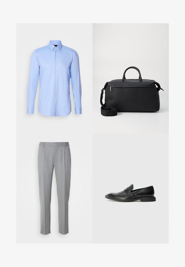 Chemise à manches longues bleu clair, boutonnée, en tissu texturé avec un col pointu et une fermeture classique à boutons à l'avant.; Pantalons gris sur mesure avec une texture lisse, présentant un devant plat, des jambes droites et de légères pinces pour plus de détail.; Mocassins en cuir noir avec une texture lisse, un nez pointu et un petit talon rectangulaire. Présente un détail de bande horizontale sur le dessus.; Sac de voyage en cuir noir avec deux poignées supérieures, une bandoulière amovible et une poche avant zippée pour un espace de rangement supplémentaire.