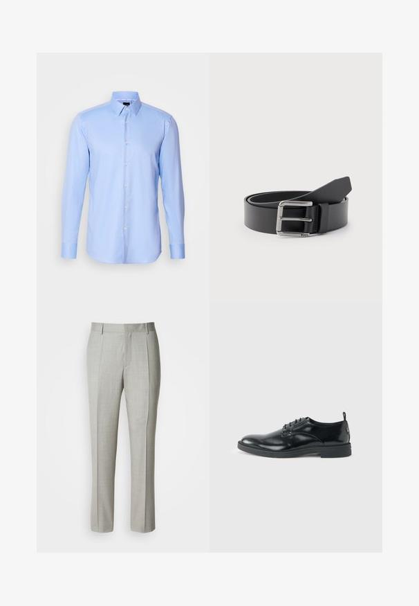 Camisa de botones de manga larga color azul claro, hecha de tejido texturizado, con cuello puntiagudo y cierre de botones clásico en la parte delantera.; Pantalones de sastre gris claro hechos de una tela suave, con corte recto, pliegues delanteros y cintura clásica con trabillas para el cinturón.; Zapato de vestir negro de cuero brillante con tacón bajo, cierre de cordones y puntera redonda, mostrado de lado sobre un fondo claro y liso.; Cinturón de cuero negro enrollado con hebilla metálica rectangular plateada grabada con "BOSS" sobre un fondo gris claro.