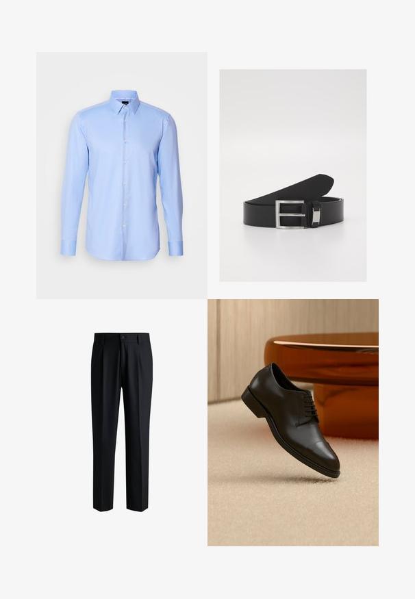 Himmelblaues langärmliges Hemd mit Knopfleiste, aus strukturiertem Stoff, mit spitzem Kragen und klassischem Knopfverschluss auf der Vorderseite.; Schwarze Hose aus glattem Stoff, mit geradem Bein-Design, Falten vorne und einem Knopfverschluss mit Gürtelschlaufen.; Schwarzer Lederschuh mit Schnürsenkeln, der über einem beigen Teppich schwebt, im Hintergrund ein orangefarbener runder Tisch.; Schwarzer Ledergürtel mit einer eleganten, glatten Textur, ausgestattet mit einer silbernen Metallschnalle und dezenten Branding-Elementen.